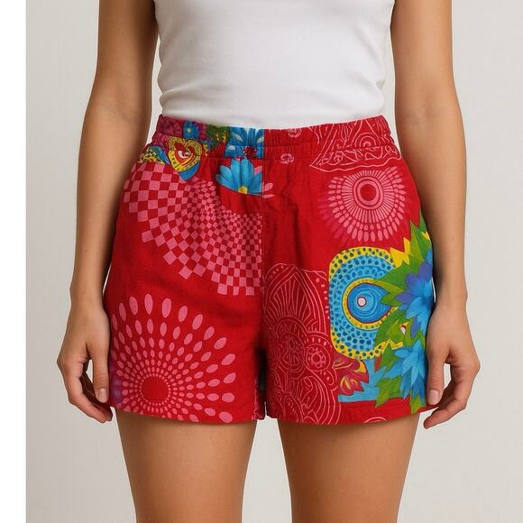 Junglee Billee Boho Red Multicolor Print Shorts Size L/XL Flowy Airy - Picture 1 of 6